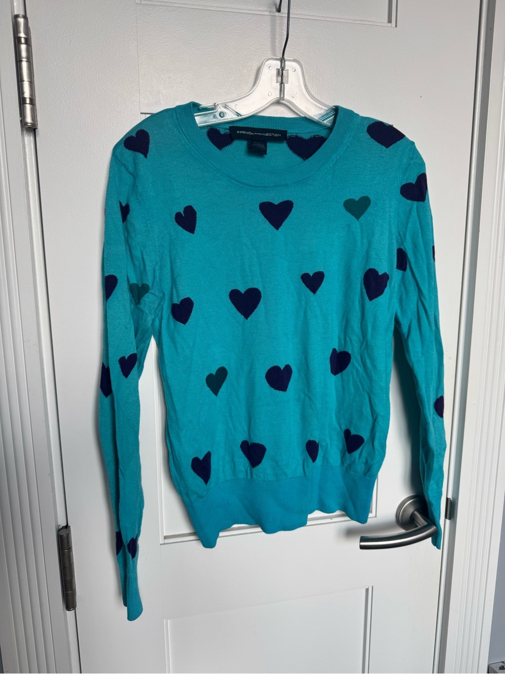 French Connection Turquoise Sweater with Navy Heart Details